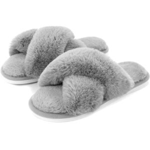Metog Women's Fuzzy Slippers House Slippers Cross Band Outdoor Soft Open Toe